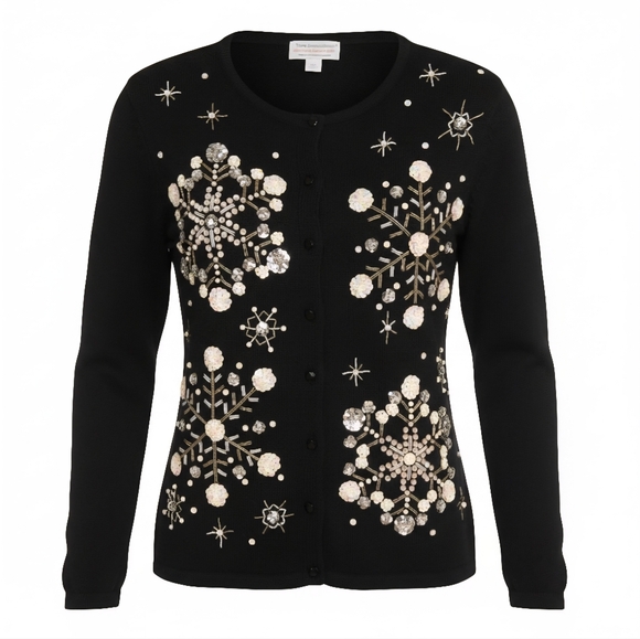 Vintage Tiara International 2004 Black Snowflake Cardigan Small Sequin Beaded - Picture 2 of 11